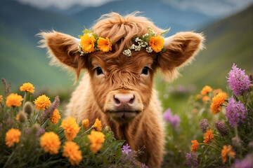 highland cow calf in the meadow with spring flower wreath on its head  