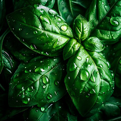 Fototapeta premium A top-down view of fresh basil leaves forming a background, embellished with glistening water droplets and softened shadows. 