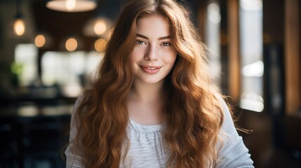 Obraz premium Happy influencer Gen Z with long hair, chubby, body positive,