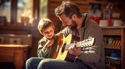 Father and his son playing guitar in the house,Father teaching his son to play guitar