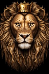 portrait of a lion, golden lion head with crown, lion king	