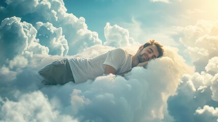 Man sleeping on a cloud, AI generated Image - obrazy, fototapety, plakaty