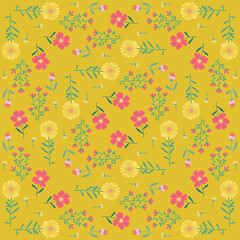 Floral Seamless Pattern of Flowers in Pink and Yellow on Old Gold Color Backdrop, Square Symmetrical Design, for Textiles, Fabrics, Decoration, Papers Prints, Fashion Backgrounds, Wrapping, Packaging