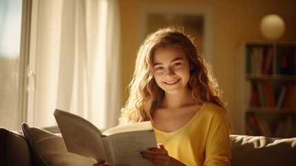 Obraz premium Portrait of a smiling teenage girl holding book at home