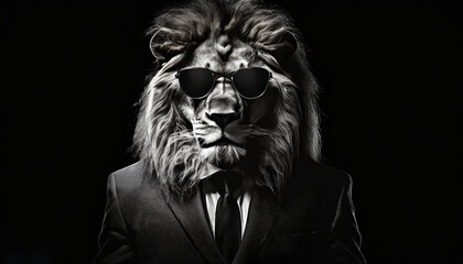 Portrait of a lion in a business suit - obrazy, fototapety, plakaty