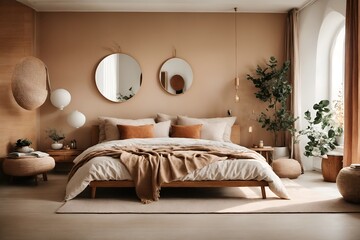 A luxurious Scandinavian bedroom with a sleek and sophisticated design, featuring plush fabrics and elegant details.