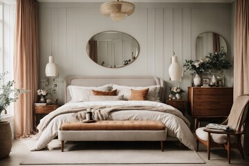 A luxurious Scandinavian bedroom with a sleek and sophisticated design, featuring plush fabrics and elegant details.