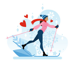 The winter sport is skiing. The girl is skiing in a warm hat and scarf. Healthy lifestyle. Flat vector illustration in cartoon style
