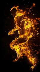 Running man covered in flames on black background, AI generated Image