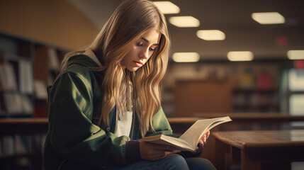 School girl reading book alone. 