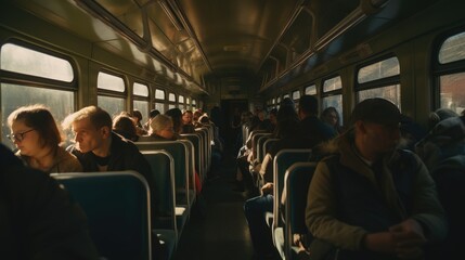 The atmosphere in the train carriage was full of passengers, AI generated Image - obrazy, fototapety, plakaty