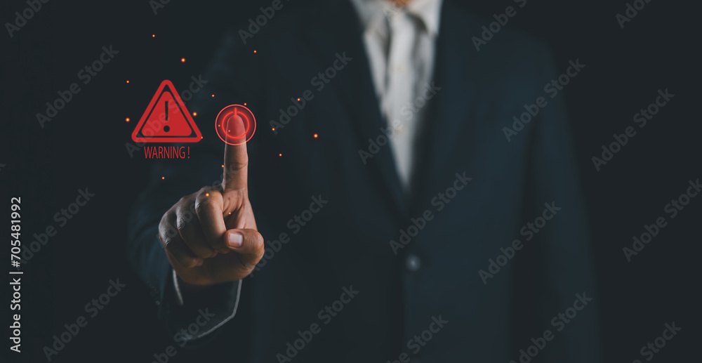 Poster Warning hacked alert, cyberattack on computer network. Programmer, Businessman staff, developer using technology with triangle caution warning sign notification error and maintenance concept.