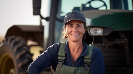 Poster Smiling portrait of a middle aged female farmer working and living on a farm with a tractor © CStock