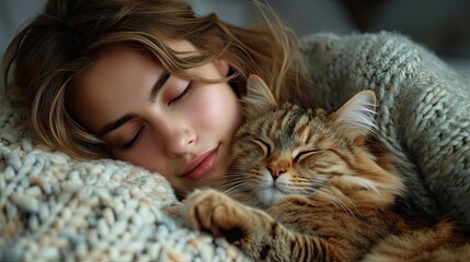 Woman Lies Bed Cat Dog, Desktop Wallpaper Backgrounds, Background HD For Designer