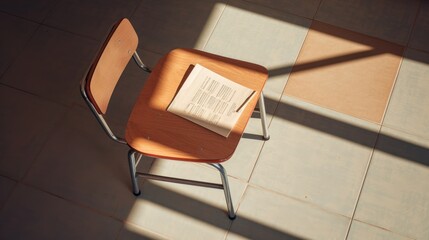 Top-down view. A school chair and desk with paper and pencil. 