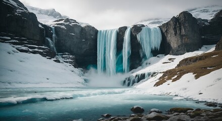 A majestic waterfall frozen in time, its icy blue waters creating a stunning contrast against the snowy landscape.