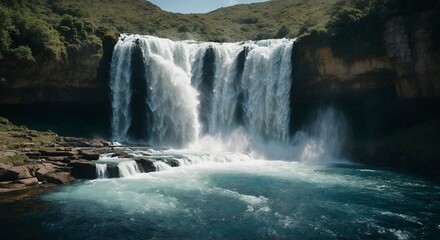 A powerful waterfall crashing down into a deep blue pool, creating a mesmerizing display of water and light.