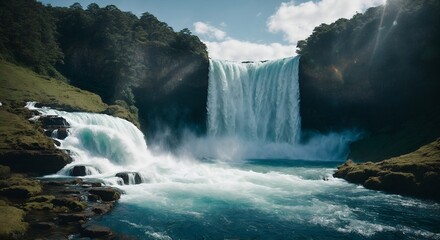 A powerful waterfall crashing down into a deep blue pool, creating a mesmerizing display of water and light.