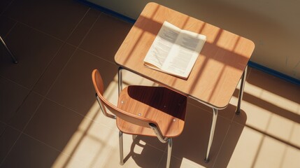 Top-down view. A school chair and desk with paper and pencil. 