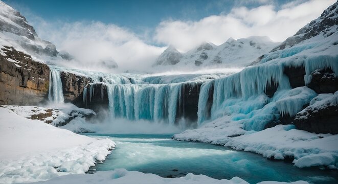 A majestic waterfall frozen in time, its icy blue waters creating a stunning contrast against the snowy landscape. © DynaVerse3D