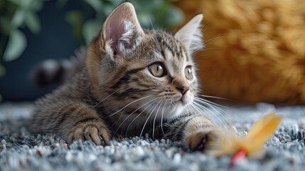 Fototapeta premium Young Indoor Cat Playing Feather Toy, Desktop Wallpaper Backgrounds, Background HD For Designer