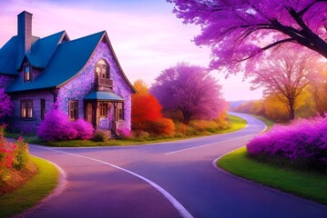 Beautiful houses surrounded by trees with beautiful purple flowers and purple leaves