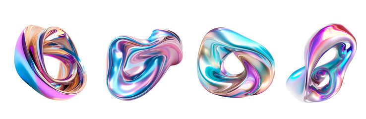 3d fluid abstract metallic holographic colored shape png set transparent background generated by ai