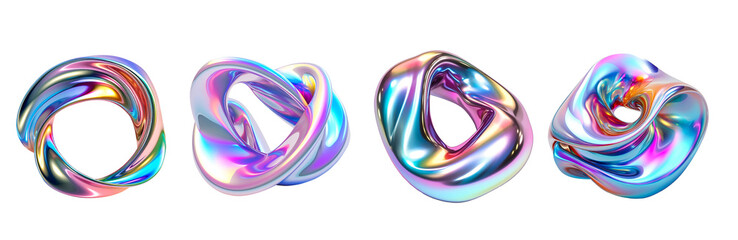 3d fluid abstract metallic holographic colored shape png set transparent background generated by ai