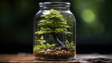 Decorative plants in glass bottles, Terrarium jar with a piece of forest with a self-sustaining ecosystem