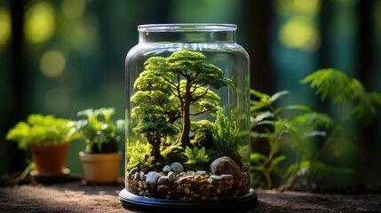 Small ornamental plants in garden/forest terrarium bottles