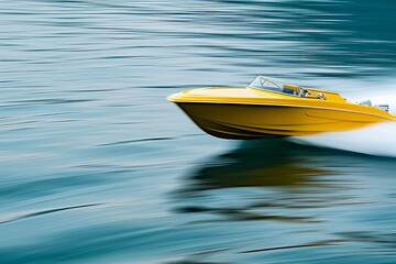 A bright yellow speedboat carves through a turquoise ocean, leaving a foamy white trail in its wake