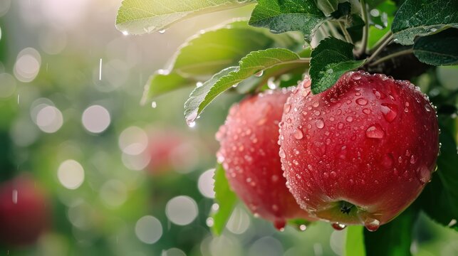 Beautiful red apples on the tree kissed by dew
