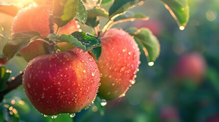 Beautiful red apples on the tree kissed by dew