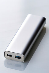 Silver power bank sitting on top of white table. - obrazy, fototapety, plakaty