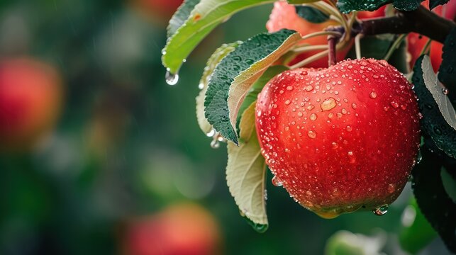Beautiful red apples on the tree kissed by dew