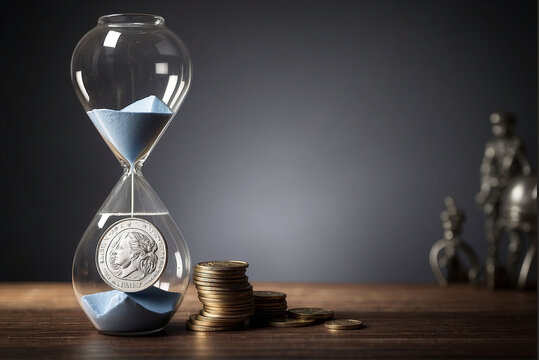 Deadline and time is money concept with hourglass and British coin currency