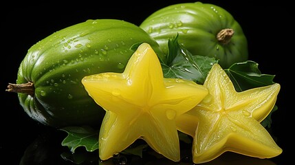 Star fruit, pieces of Averrhoa carambola in the background