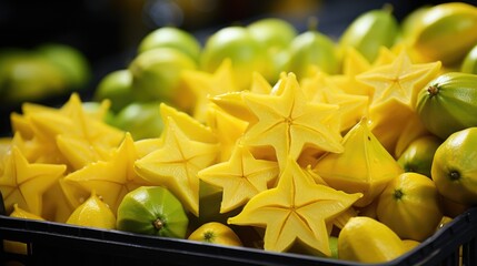 Star fruit, pieces of Averrhoa carambola in the background