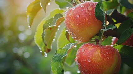 Beautiful red apples on the tree kissed by dew