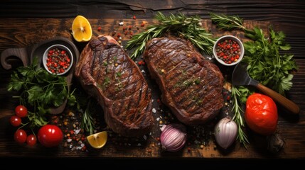 tomahawk steak On a black wooden background. Top view.