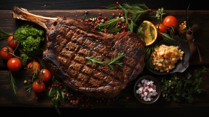 tomahawk steak On a black wooden background. Top view.
