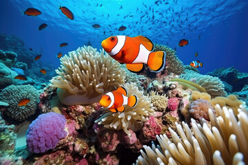 Obraz na płótnie Canvas Clown fish swimming on anemone underwater reef background, Colorful Coral reef landscape in the deep of ocean. Marine life concept, Underwater world scene.