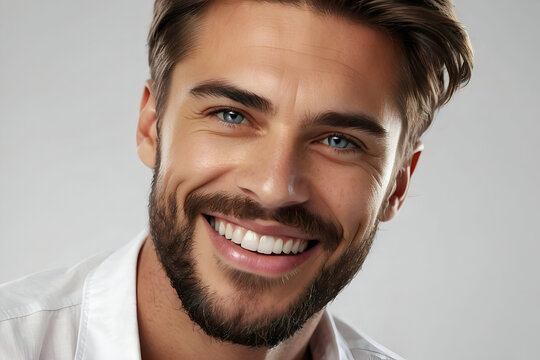 Studio portrait of a bearded young man smiling. Skincare and beauty image. Dental advertisement. 