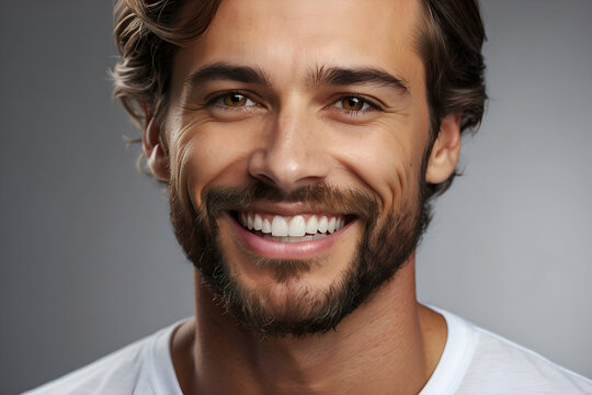 Studio portrait of a handsome young man smiling with perfect teeth. Promotional image for web design.