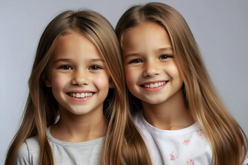 Studio portrait of beautiful young twin girls smiling at the camera. 