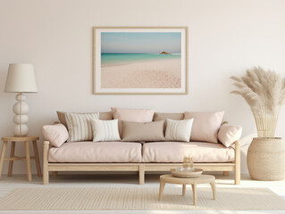 A serene living room with beach-themed framed art and neutral tones.