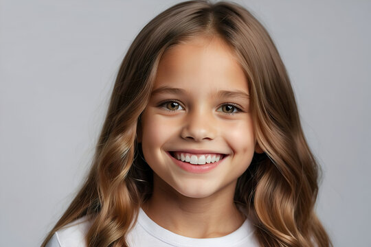 Studio portrait of a beautiful young girl with long flowing hair happily smiling at the camera. Dental advertisement. Skincare and beauty promotional image.