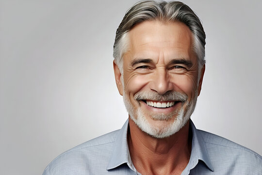 A handsome middle-aged man with gray hair and a gray beard, smiling at the camera. Studio portrait. Isolated on a plain background. Promotional image.