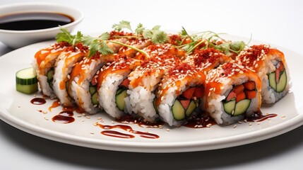 Sushi rolls Japanese food. Sushi roll with tuna, vegetables and unagi sauce closeup.