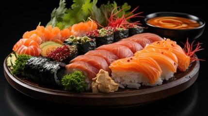 Nigiri sushi, sushi rolls and sashimi served on a traditional Japanese Sushioke round plate.